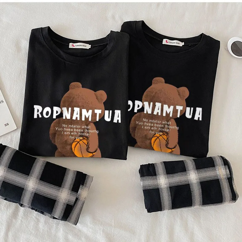 Women Autumn Winter Pajamas Cartoon Bear Set Home Wear Black Short-Sleeved Plaid Trousers Women Sleepwear Couple Nightwear Girl