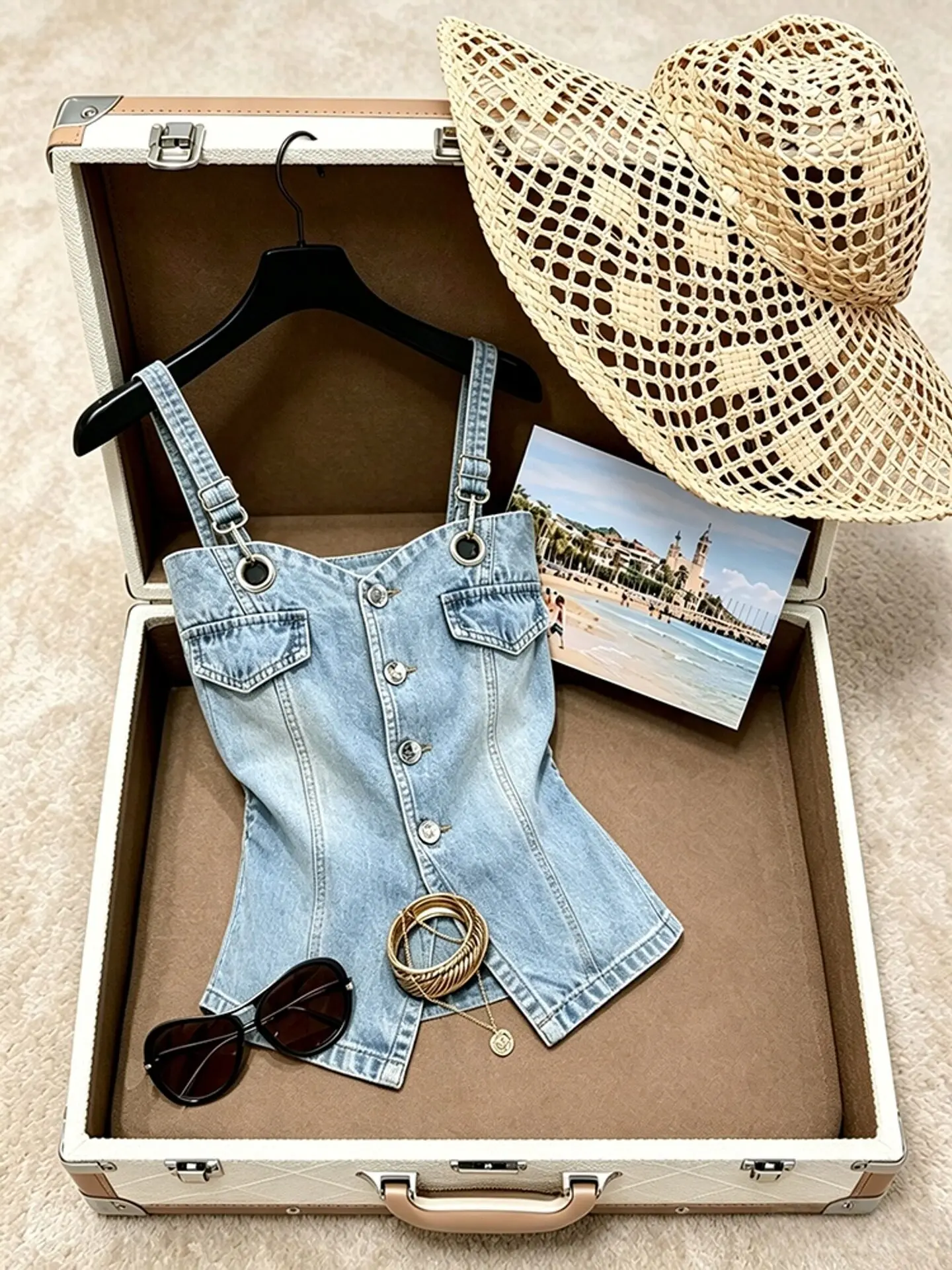 Blue Denim Crop Top Women's Slim Fit Summer Versatile Fashionable Shirt Casual Breathable Single Button Closure Pure Color