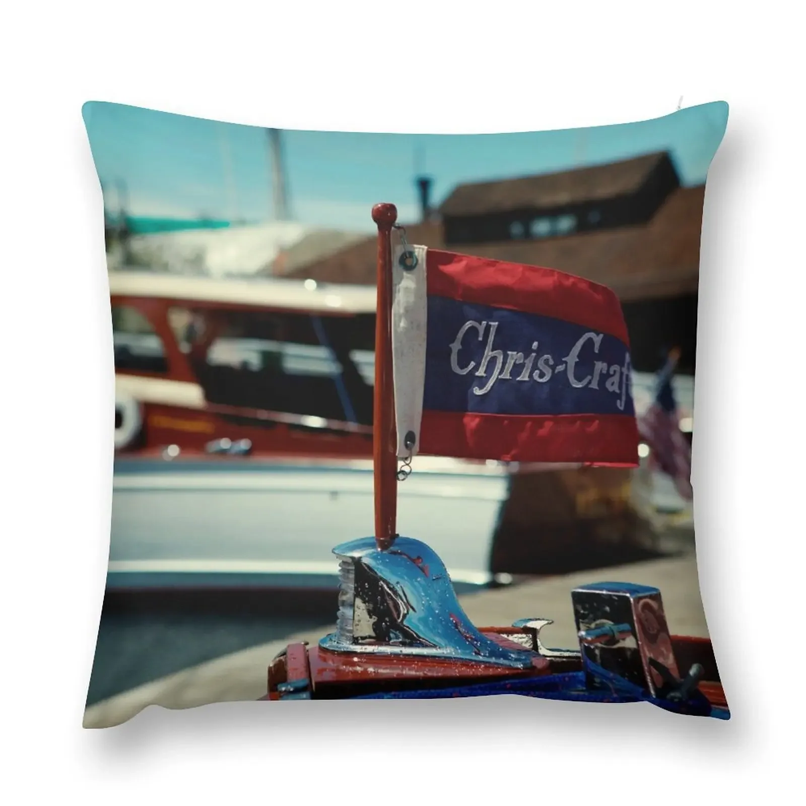 Chris Craft Flag with Wooden Boat in background Throw Pillow Pillow Decor Decorative Pillow Covers For Sofa