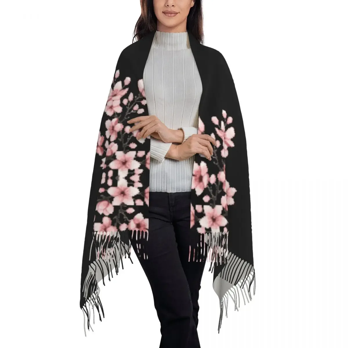 Luxe Vintage Bloemen Kersenbloesems Kwastje Sjaal Vrouwen Winter Herfst Warme Sjaals Wraps Lady Japanse Sakura Bloemen Sjaals