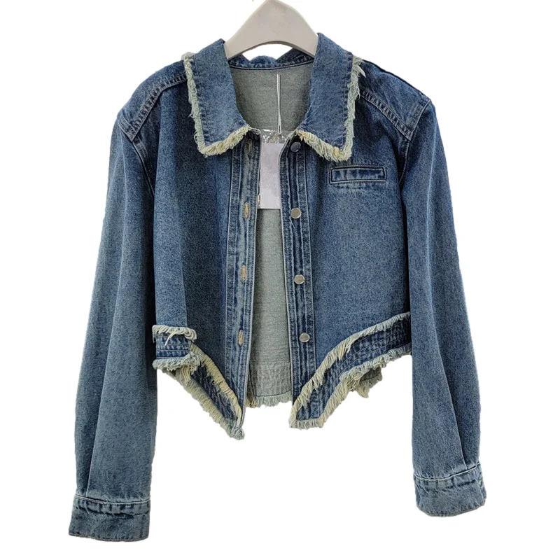 

Spring Vintage Blue Frayed Burrs Irregular Hem Splicing Denim Jacket Women Short Cowboy Outwear Long Sleeve Jeans Jacket Female