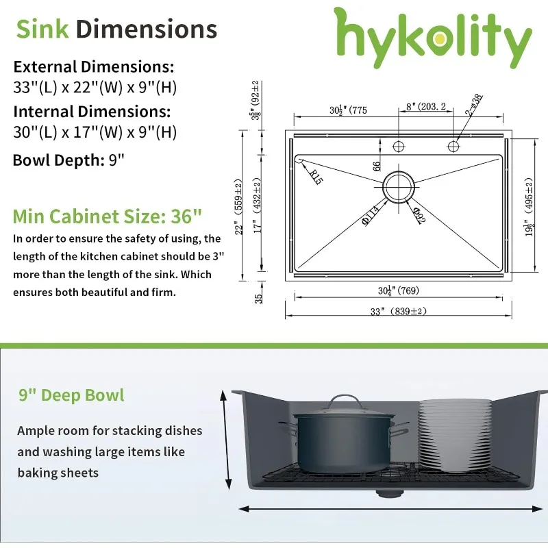 hykolity 33-inch Drop In Kitchen Sink, Single Bowl 2-Hole Stainless Steel Topmount Kitchen Sink with Strainer & Bottom Grid