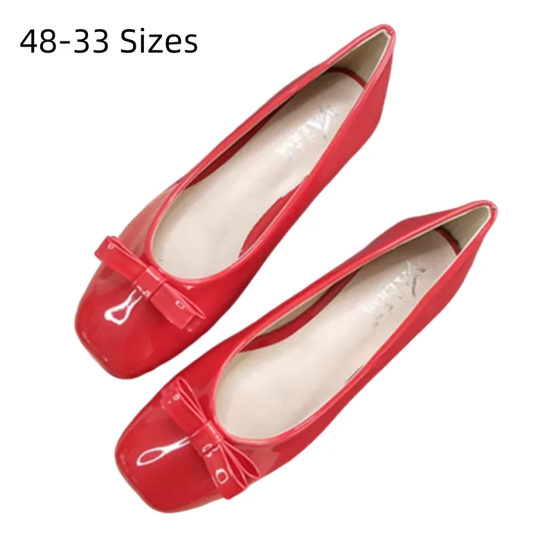 

Women Soft Leather Ballet Flats Bow-Knot Sweet Pinkish Red Slip-On Square Toe Shoes Moccasines Null Designer Big Size EU32-48