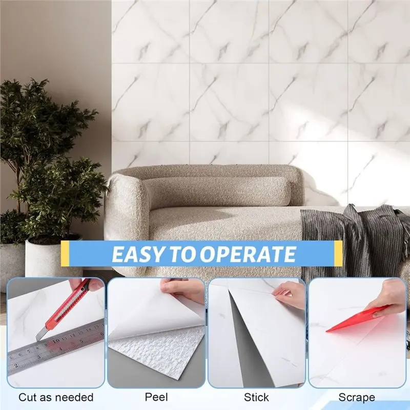 A36T-Shower Waterproof Wall Tiles 36Pcs Peel And Stick 12X12inch With Ruler, Cutting Tool& Scrapers, Not True Tile White