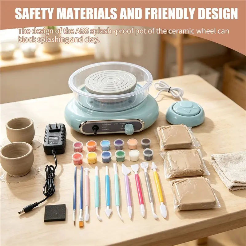 Mini Pottery Wheel,4.7-Inch Pottery Wheel For Teen And Adult Beginners, 3 Lbs Air-Drying Clay,Home DIY Craft Kit Us Plug Durable
