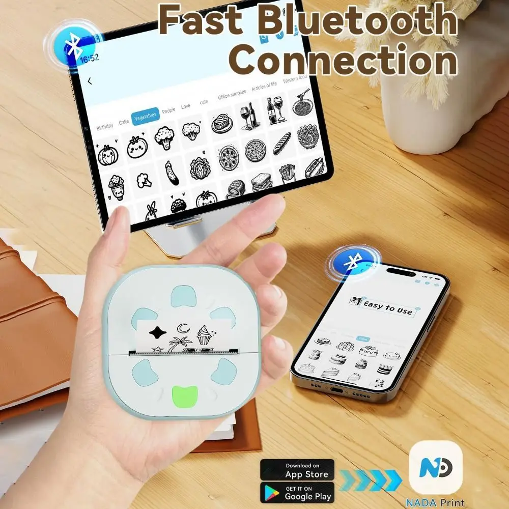 Mini Sticker Printer Inkless Printing with 3 Paper Rolls Bluetooth Sticker Maker Thermal Technology Bluetooth Connectivity