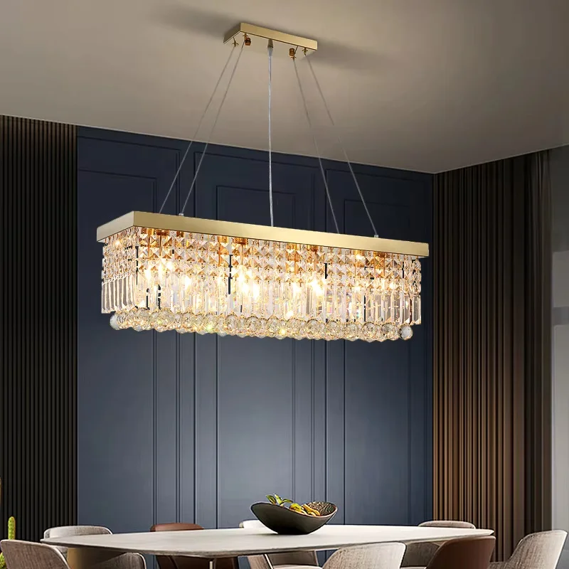 

Rectangle modern crystal chandelier for dining room luxury island led cristal lamp large gold hanging dimmable lighting fixture