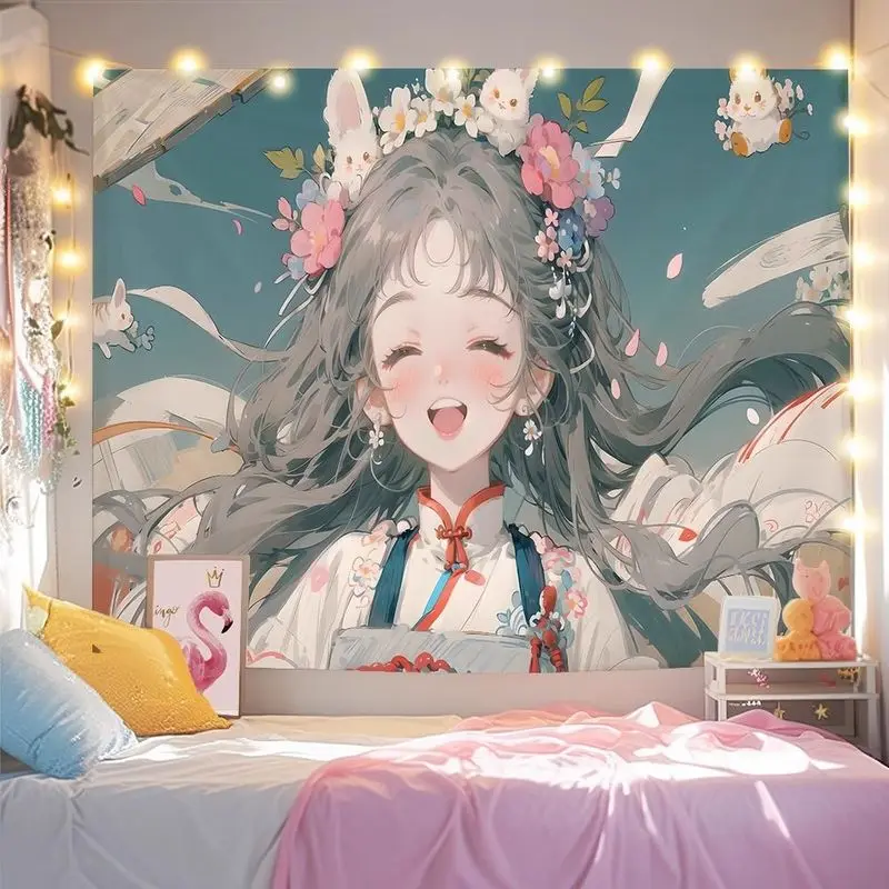 VIKAMA Antique Hairpin Girl Tapestry Wall Hanging Home Decor for Bedroom Living Room Dorm Chinese Anime Aesthetic