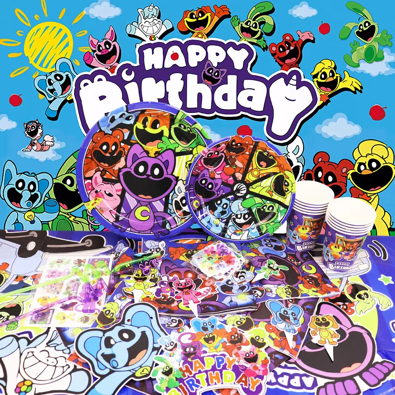 Smiling Critters Birthday Party Decoration Foil Latex Balloon Kids Event Supplies Disposable Tableware Catnap Banner Backdrop