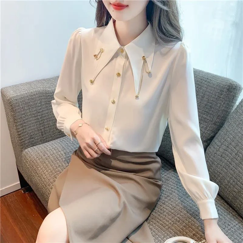 Spring Autumn Temperament Chic Chain Patchwork Shirt Female Long Sleeve Elegant Fashion Buttons Blouse Women\'s Solid Color Top