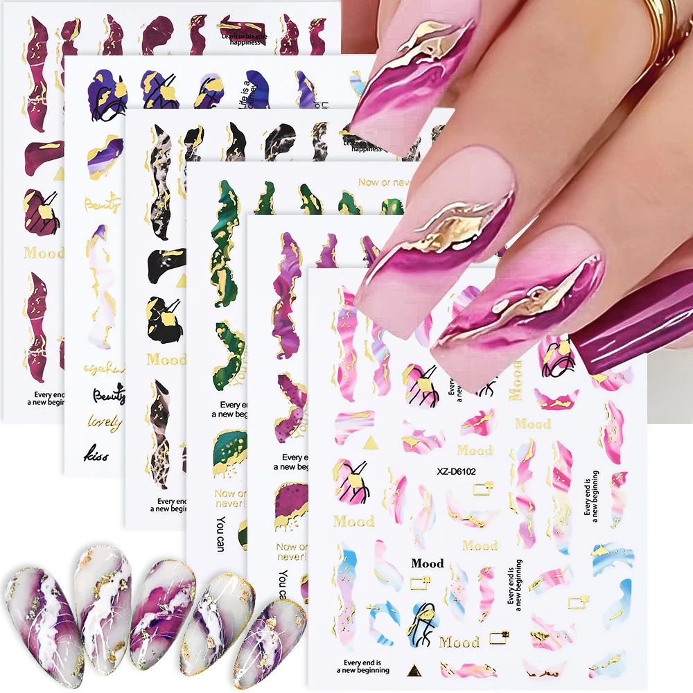 1 Uds. Pegatinas 3D de mármol púrpura para uñas ahumadas líneas onduladas de humo/doradas calcomanías autoadhesivas pintura de tinta floreciente decoraciones de manicura