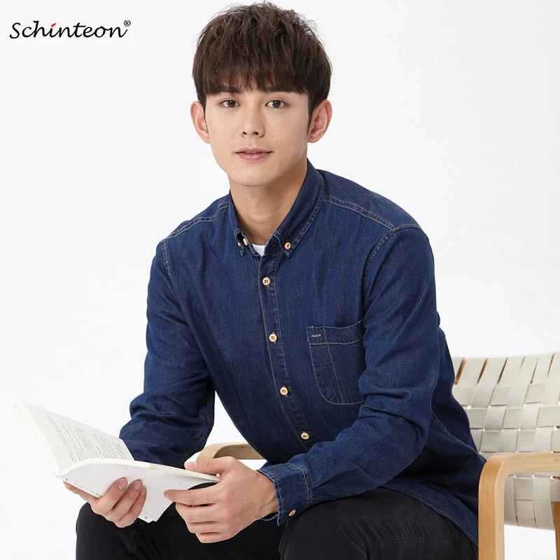 Schinteon Men 100% Cotton Spring Summer Denim Shirt Long Sleeved Comfortable One Front Pocket Jeans Shirts 2025 New