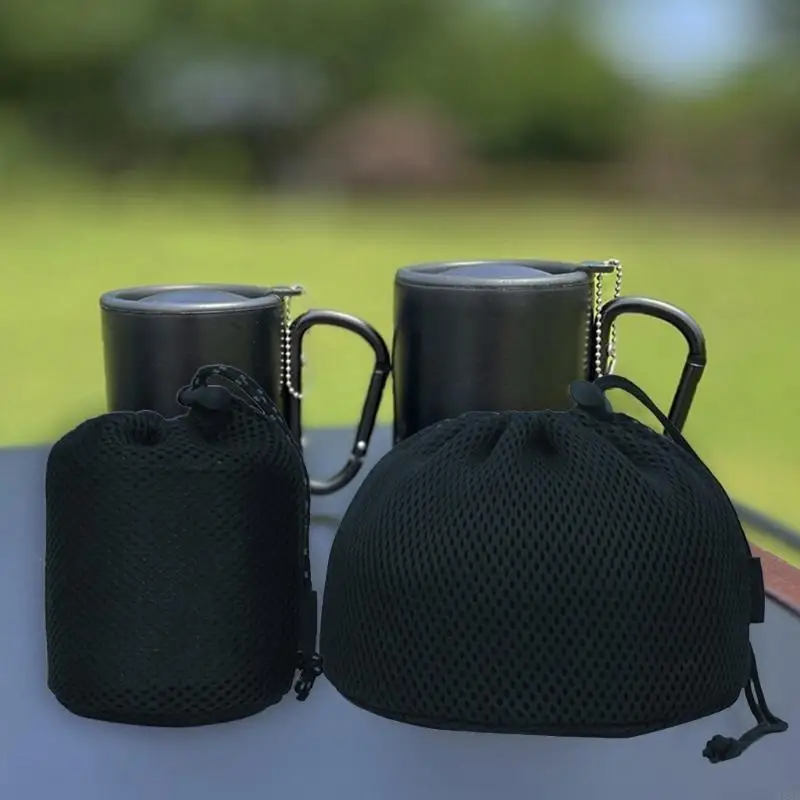 Black Nylon Mesh Bag Camping Pots Storage Bag Tableware Organizers Travel Stuff Sacks  Drawstring Bag Outdoor Camp Supplies 