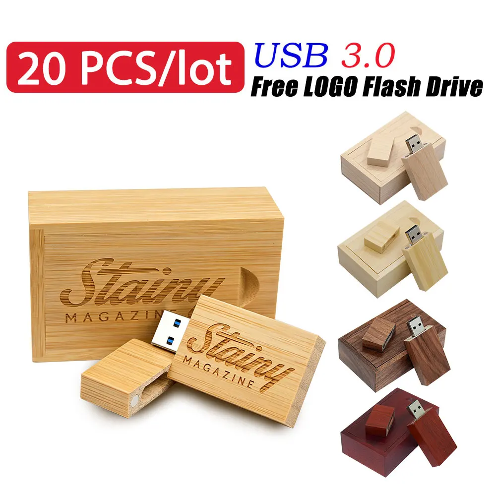 20pcs USB 3.0 Flash Drives Wooden Memory USB Stick Free Custom Logo Pen Drive 64GB 32GB U Disk Creative Wedding Gift Pendrive