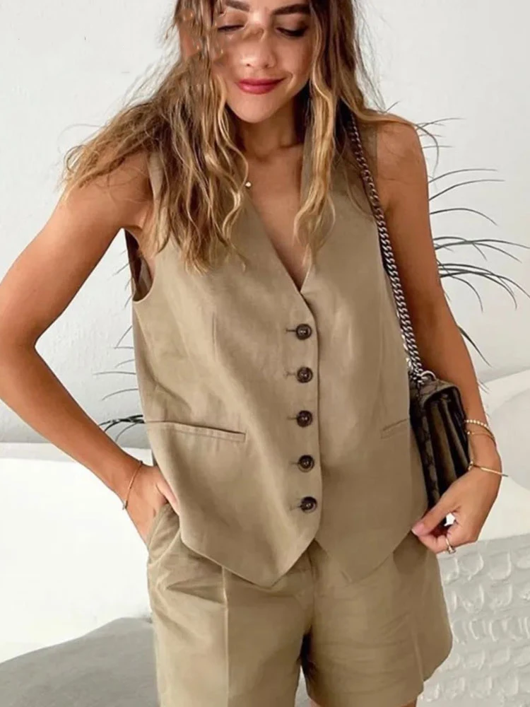 

HH Waistcoat Vest For Women Solid Vintage Casual Linen V Neck Single Breasted Loose Top Summer Chic Ladies Sleeveless Vests