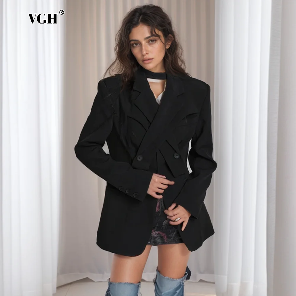 

VGH Crosscriss Solid Elegant Blazers For Women Notched Collar Long Sleeve Patchwork Pockets Tuninc Coats Female Fashion Style