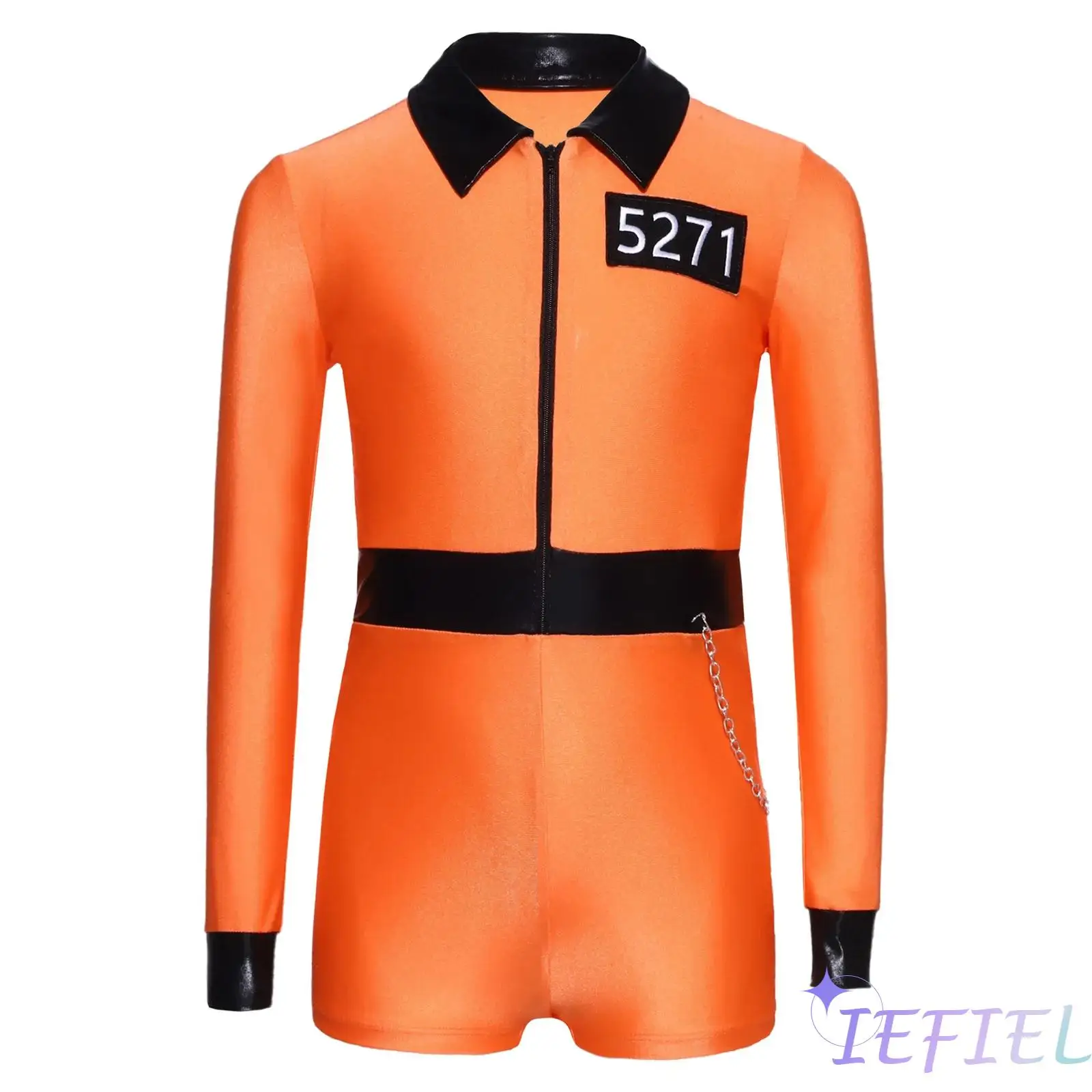 

Girls Convict Costume Turn-Down Collar Long Sleeve Front Zipper Waist Side Chain Shorts Prisoner Jumpsuit for Halloween Cosplay