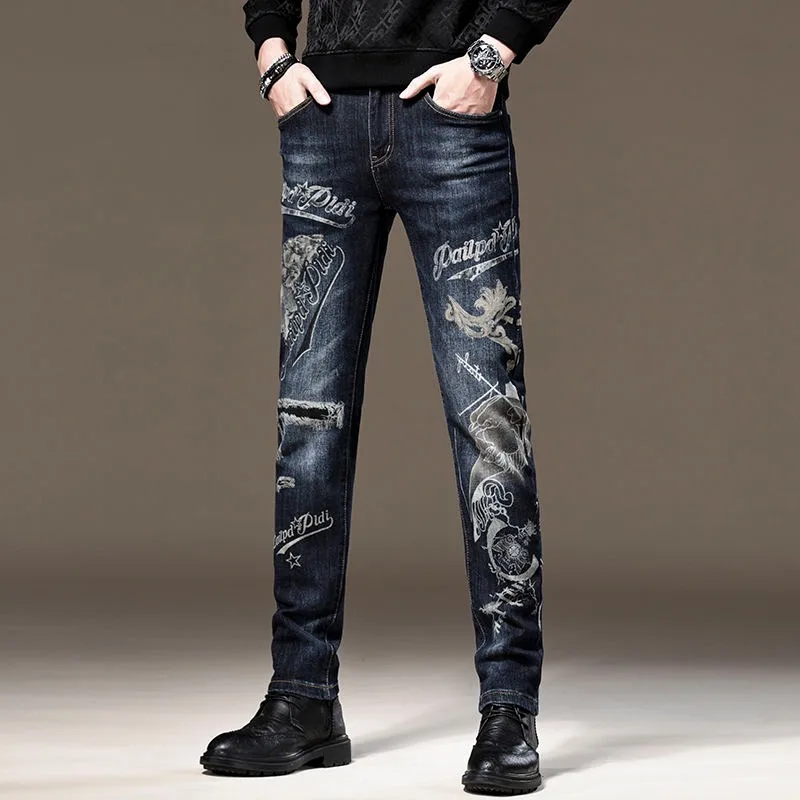 2023 Autumn Winter New Slim Casual Print Fashion Warm Denim Handsome Pants Men Slim Everything Simple Small Feet Trousers