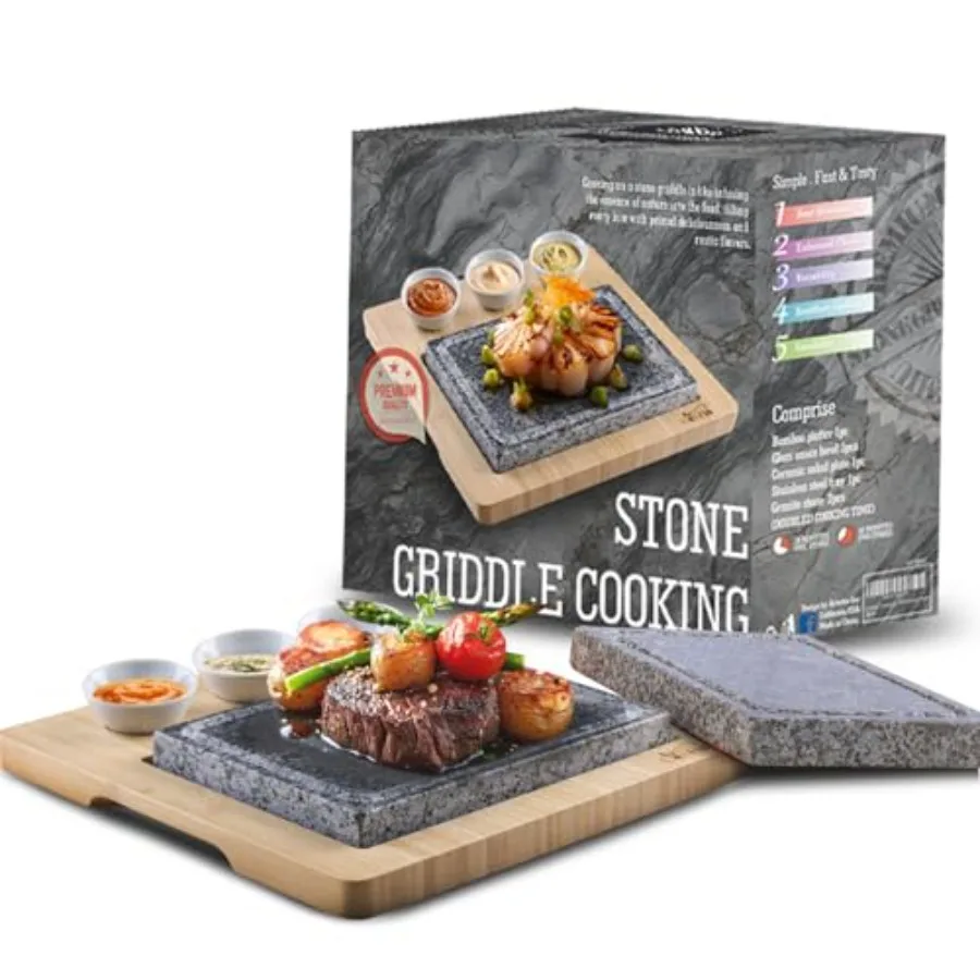 

Hot Steak Stone Cooking Set 2 Natural Granite Steak Stones + 1 Bamboo Serving Tray 3 Sauce Bowls Indoor/Outdoor Restaurant-Styl