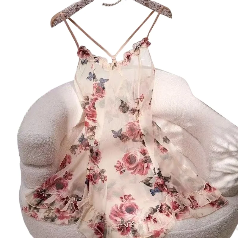 Nightdress Women's Suspender Print Nightdress Lace Lace Pure Desire Temperament Sexy Pajamas New Loungewear Thin Dress Quick-dry