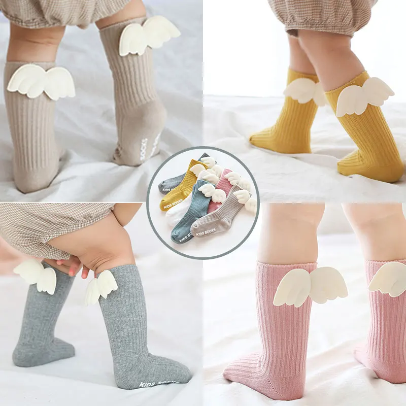 

0-3Y Girls Kids Socks Cute Angel Wing Long Knee Princess Tights Candy Color White Non-slip Baby Clothes for Toddler Newborns