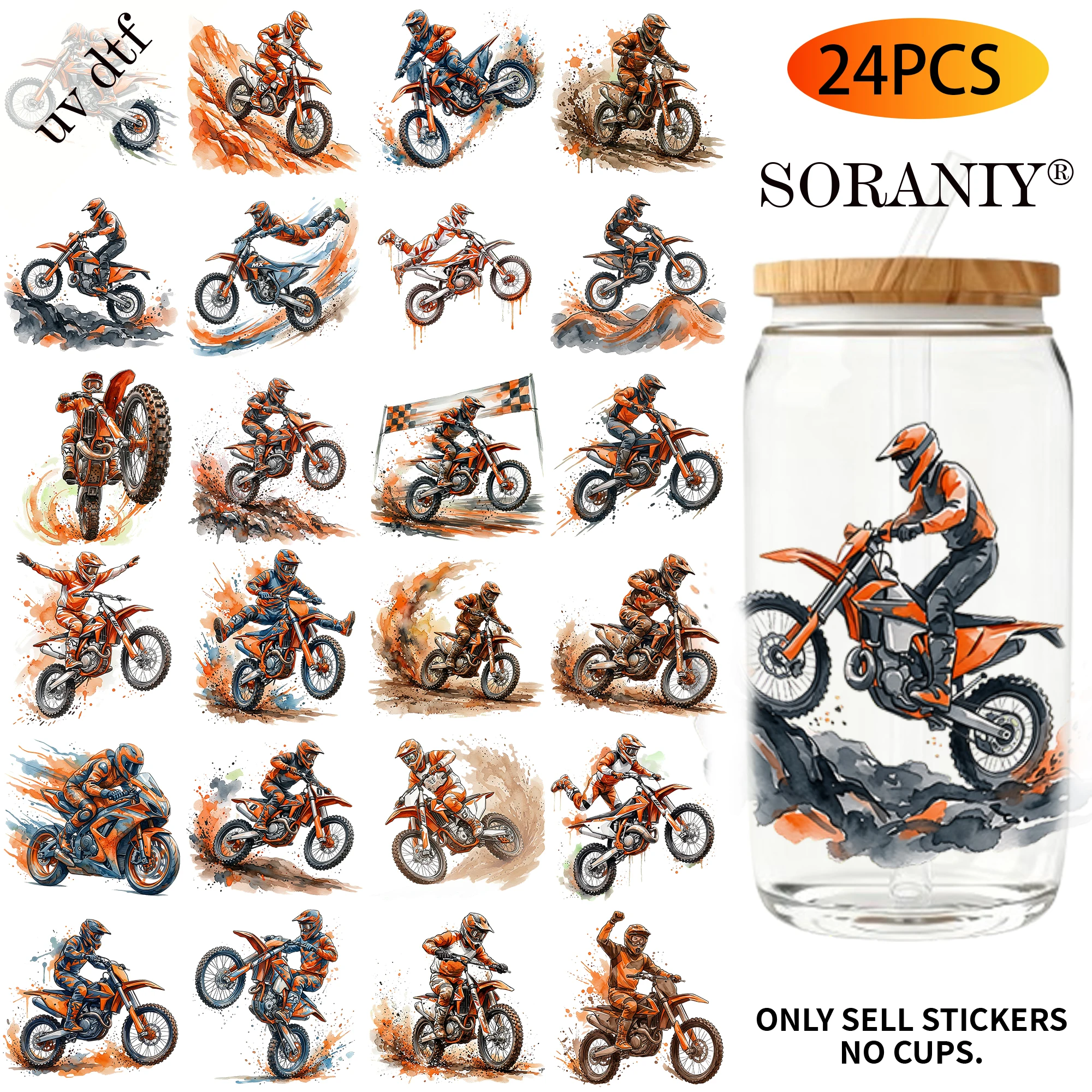UV DTF Transfer Stickers - 24Pcs/Set Extreme Motocross Racing Theme UV DTF 16OZ DIY Transfer Stickers