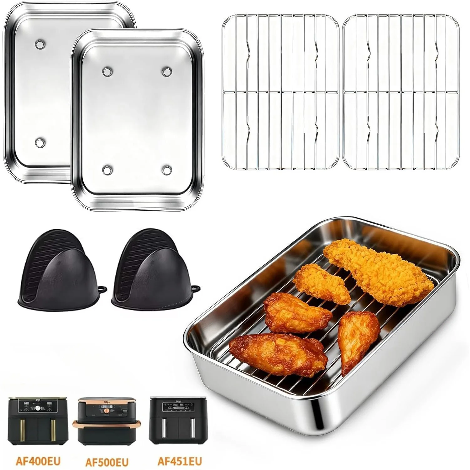 Assadeira de Aço Inoxidável para Airfryer, Forma Retangular de Aço Inoxidável, Bandeja de Forno, Forma Grande para Assar, Assadeira para Forno de Ar Quente