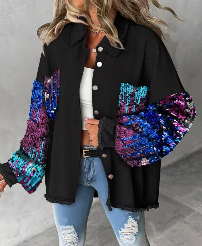 

Women's Jacket Long Sleeve Colorblock Turn-Down Collar Glitter Patchwork Thick Contrast Sequin Waffle Knit Loose Fit Shacket