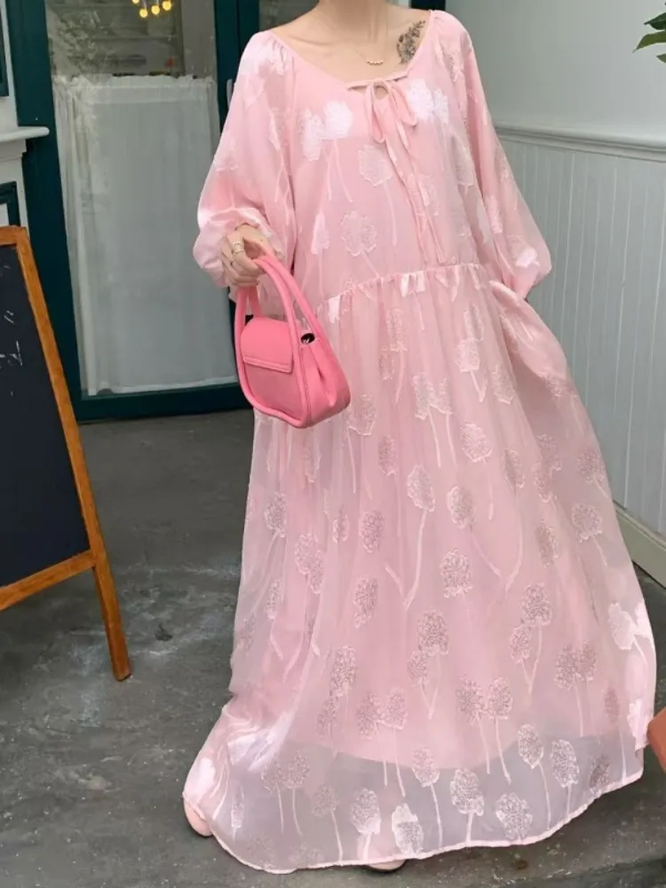 Sukienki maxi damskie Lemongor z żakardową tkaniną w kwiaty, na ramiączkach, z dekoltem w serek, bufiastymi rękawami, luźne, eleganckie, codzienne sukienki na imprezę, wakacje, długa sukienka, nowość 2025