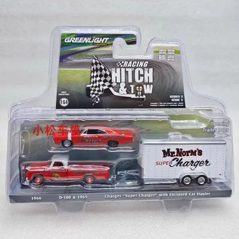 

GreenLight 1:64 1966 Dodge D-100 & 1969 Charger With Enclosed Car Hauler Alloy Car Model Adult Souvenir Gift Static Display