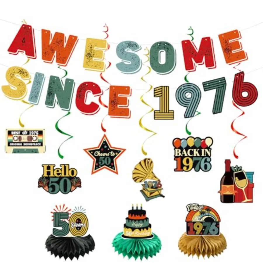 

Vintage 50th Birthday Decorations for Men Women Awesome Since 1976 Banner Centerpieces Hanging Swirls Party Supplies 50 Years O