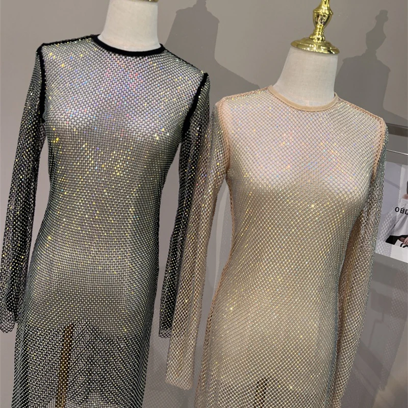 Damen-Abendkleid aus Netzstoff mit Strasssteinen, Rundhalsausschnitt, glitzerndes, durchsichtiges Kleid mit Diamant-Ausschnitten, Party-, Nachtclub-, Festival- und Rave-Kleidung – Detail 2