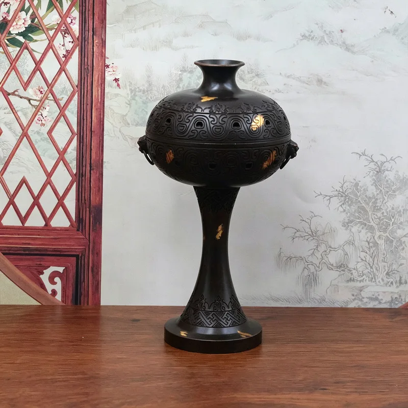 Antique-Style Gold-Plated Brass Incense Burner With Three Legs, Featuring A Boshan Design, A Crane Cloud Pattern, And A Holl
