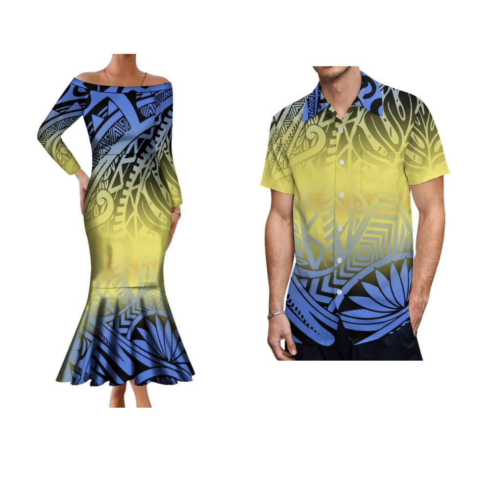 Abito da coppia polinesiano abito lungo Sexy con spalle scoperte Samoa Hibiscus Flower Design Fiji abito da donna personalizzato camicia da uomo