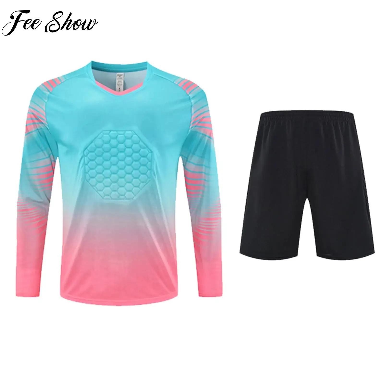 

Quick-drying Football Goalkeeper Uniform Mens Sports Fitness Outfit Long Sleeve Padded Soccer Jersey Top+Stretchy Shorts Sets