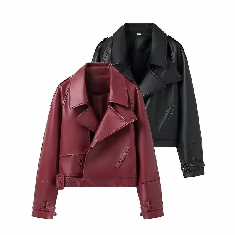Giacca da moto in pelle di pecora da donna, stile streetwear transfrontaliero, cappotto corto in PU effetto 3D per donne di mezza età