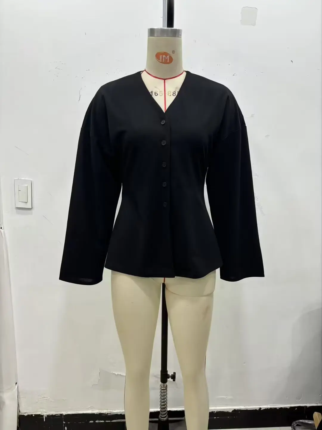 

HH Women's Spring Fashion V Neck Thin Black Front Buttoned Long Sleeve Top Female Chic Elegant Single Breasted Loose Casual Top