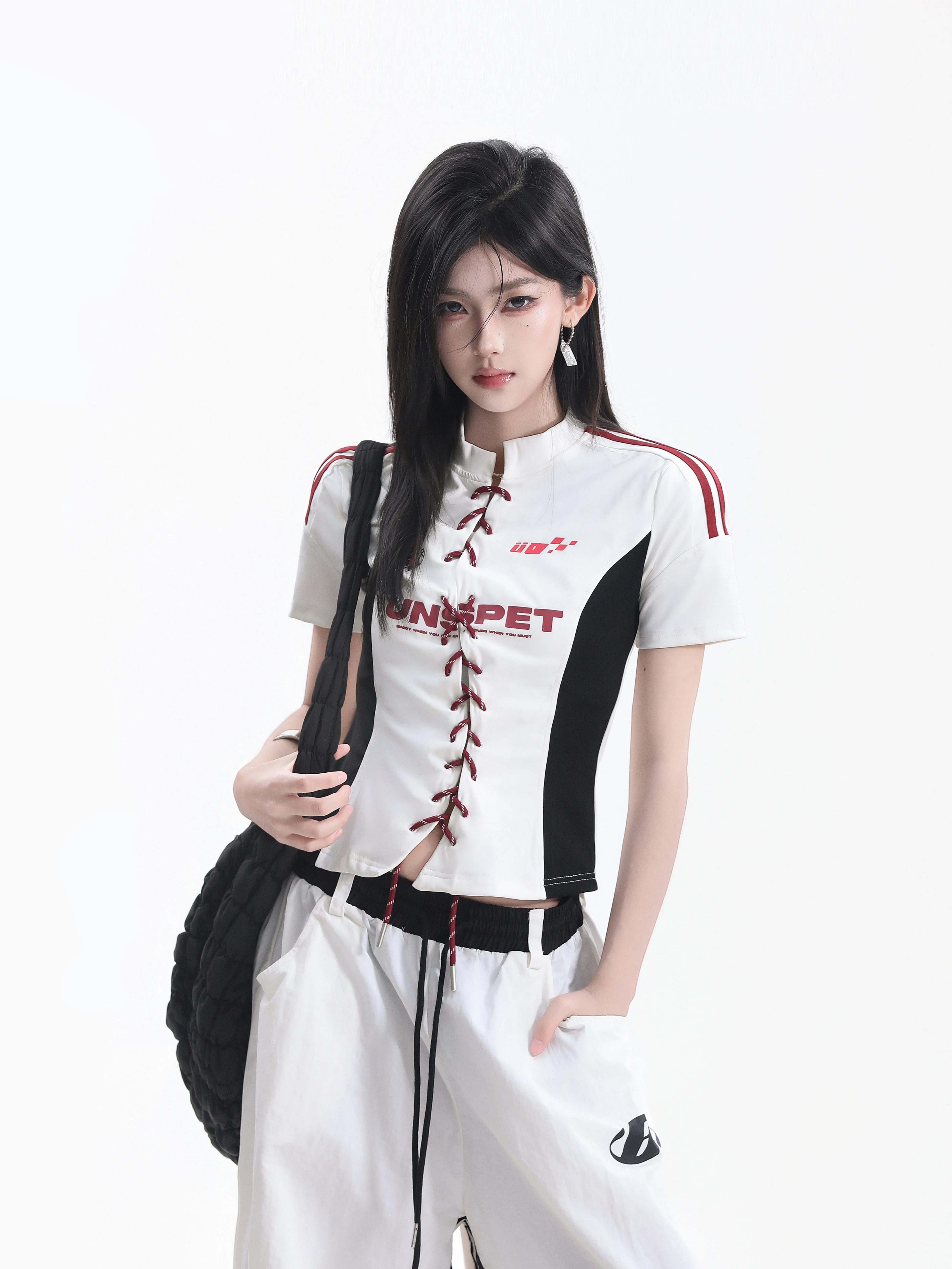 Sexy Short Sleeve American Sports T-shirt Women's Belted Waist Short Color Block Striped Shoulder Slimming Ball Jersey Tee