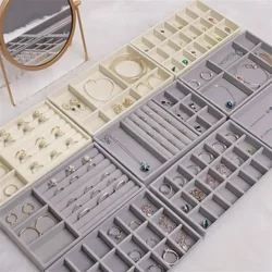 Velvet Jewelry Storage Box Necklace Stackable Display Tray Bracelet Earring Organizers DIY Handicrafts Drawer Box Grey