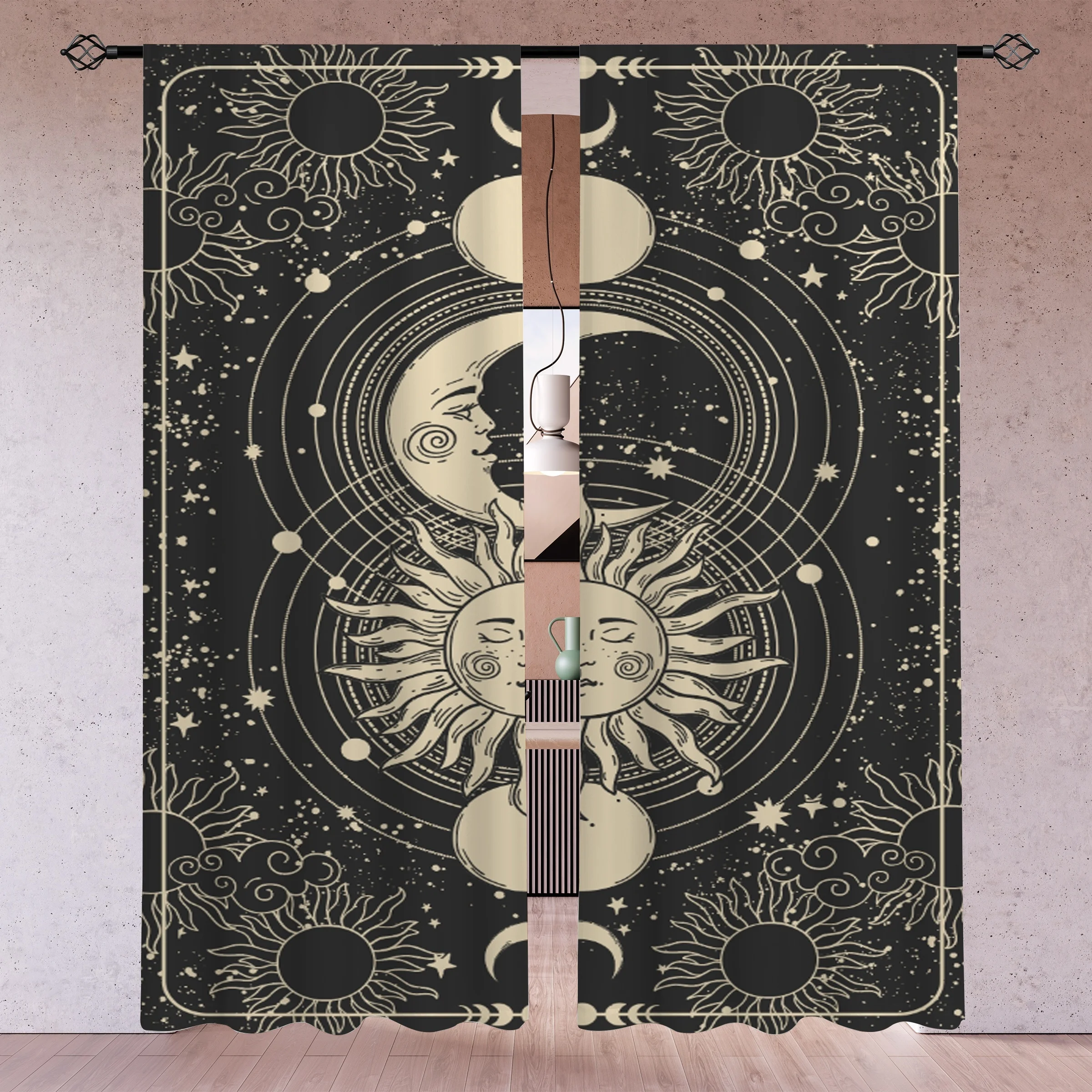 Cosmic Astrology Curtains Gold Zodiac Moon Sun Celestial Boho Tapestry Blackout Window Drapes Witchy Spiritual Room Decor
