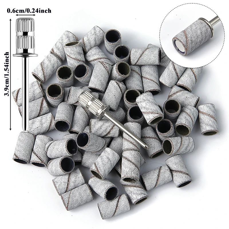 60pcs/box Large Nail Sanding Bands Set with 1pc Shaft Professional Electric Nail Manicure Sandband for Acrylic Nails 240/180Grit