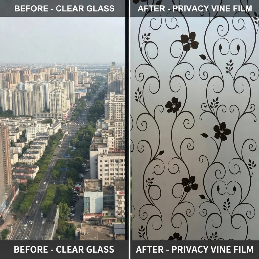 Black Floral Vine Self-Adhesive Window Film Frosted Privacy Glass Sticker Anti-Peeping Soft Light Transmission Scratch-Resistant