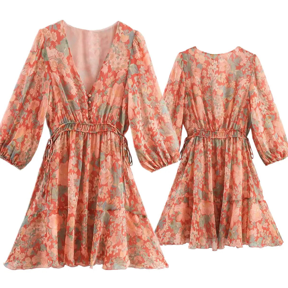 

Maxdutti French Country Style Floral Chiffon Dress V-Neck Pleated Mini Dress For Women Auttumn Long Sleeve Party Dresses Vestido