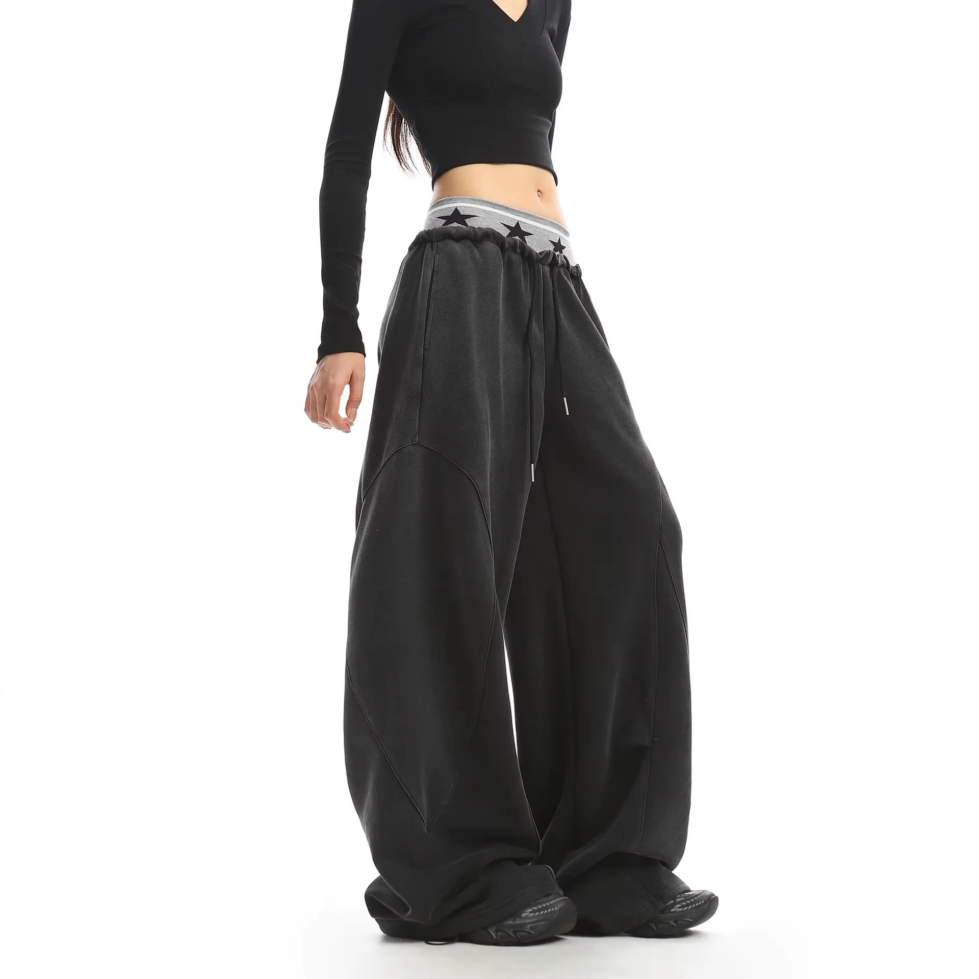 High Waist Double Layer Star Sweatpants Women Y2K Streetwear Wide Leg Baggy Trousers Casual Loose Hip Hop Pants