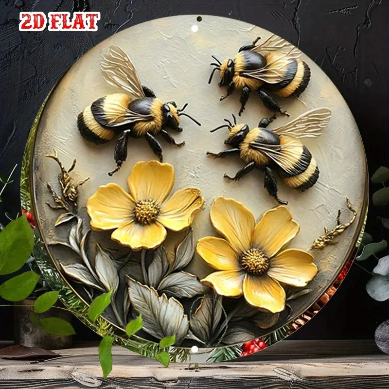 2D design, 1 piece vintage bee and honeycomb metal wall art sign - rustic farmhouse round bee decoration, featuring bees, bumblebees, and honeycomb