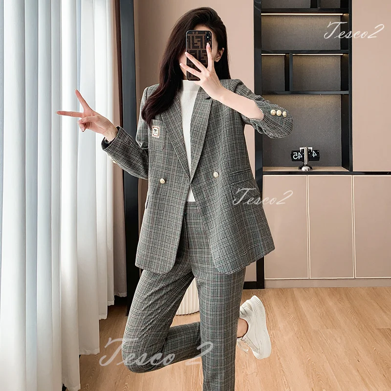 Tesco Popular Plaid Women Korean Style Suit Double Breasted Jacket+Trousers Temperament Slim Fit Elegant Female Pantsuit 2 Piece