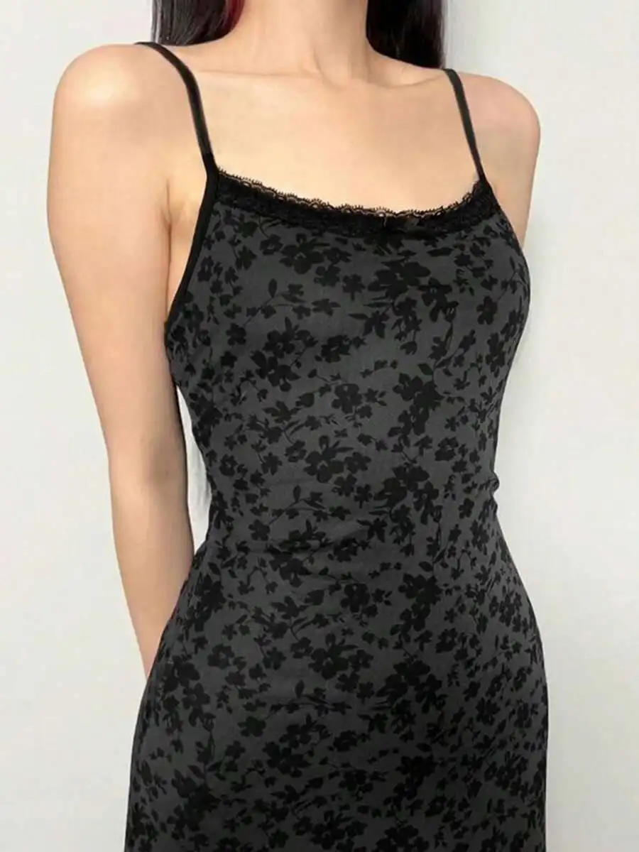 

Women Spaghetti Strap Floral Lace Trim Slim Fit Dress Summer