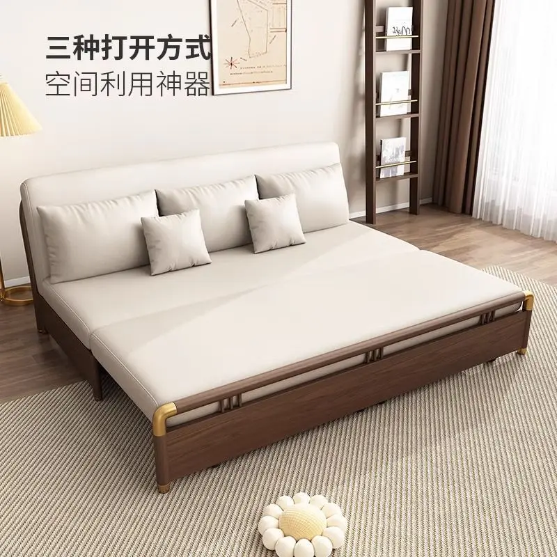 Solid wood sofa bed technology cloth push-pull folding small apartment living room