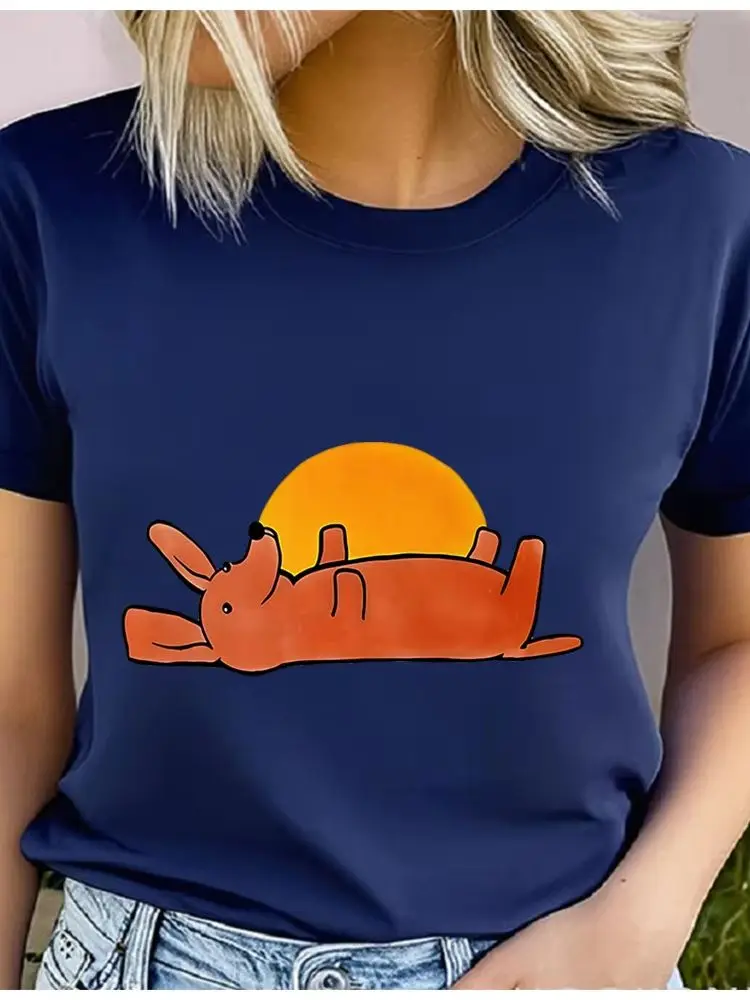 Cotton 100% Cute Lazy Dachshund Sunset Graphic T-shirt Women Retro Cartoon Wiener Dog Relax Casual Summer Short Sleeve Tee