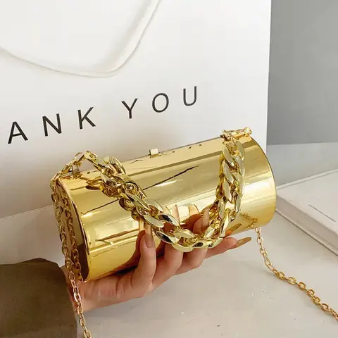 Dames Handtas Tassen Voor Vrouwen 2025, Feestkoppelingen Mode Cilinder Mini Avondtasje Crossbody Schoudertas Gouden Doos Clutch